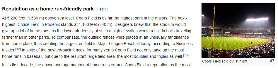 Coors Field baseball stadium has a reputation as a park that is friendly to batters. http://en.wikipedia.org/wiki/Coors_Field