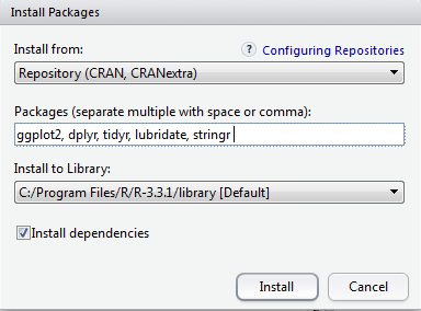 Installing packages via RStudio's user interface.