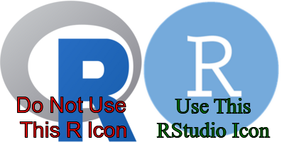 Even though people say they are using R, most people access R through the RStudio integrated development environment.  We will always use RStudio as our entry point to the R programming environment; so when accessing R using an icon, always use the icon on the right.