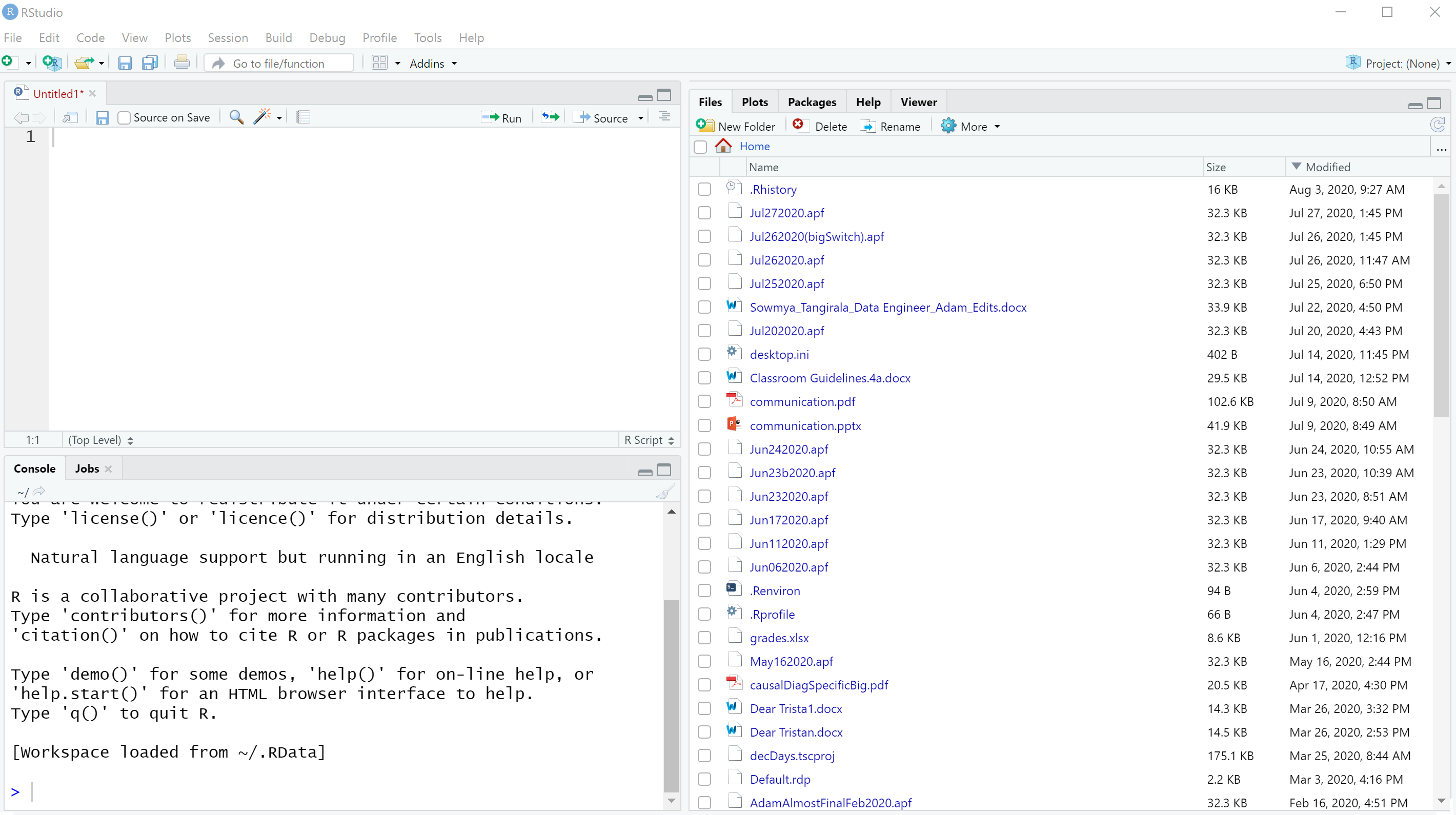 Picture of the RStudio interface.  Use this interace to work through the code in this book.