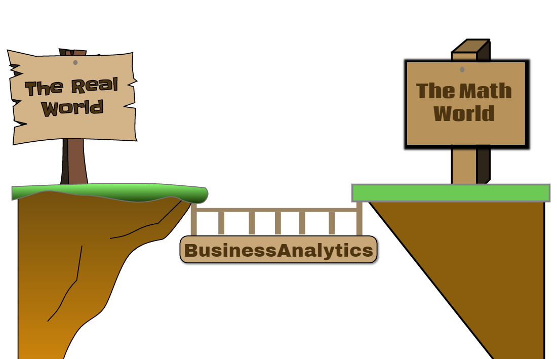 The math world is a stylized reflection of the real world.  You will learn to traverse the business analytics bridge to bring business problems from the real world to the math world and actionable insights from the math world back to the real world.