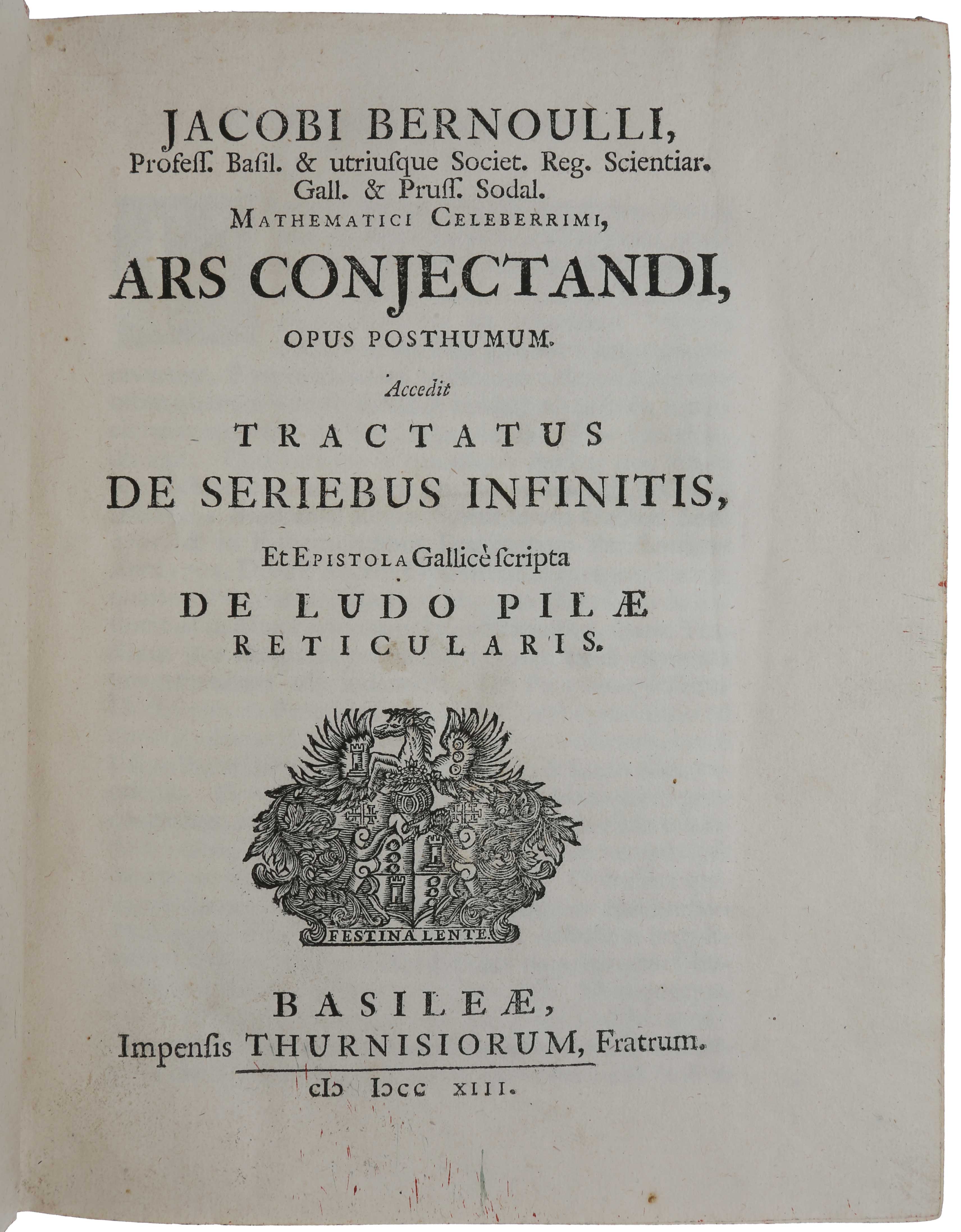 Ars Conjectandl - Jacob Bernoulli's post-humously published book (1713) included the work after which the notable probability distribution - the Bernoulli distribution - was named.