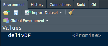 The delivDF dataframe details are not shown yet. The <promise> is an indication that once you try to use this R object, then and only then, will R load the object into the environment.