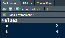The Environment panel of RStudio showing that the object `a` is assigned the value of `2` and the object `b` is assigned the value of `4`.