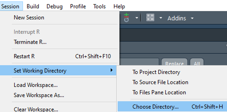 Using RStudio menus to choose your working directory.